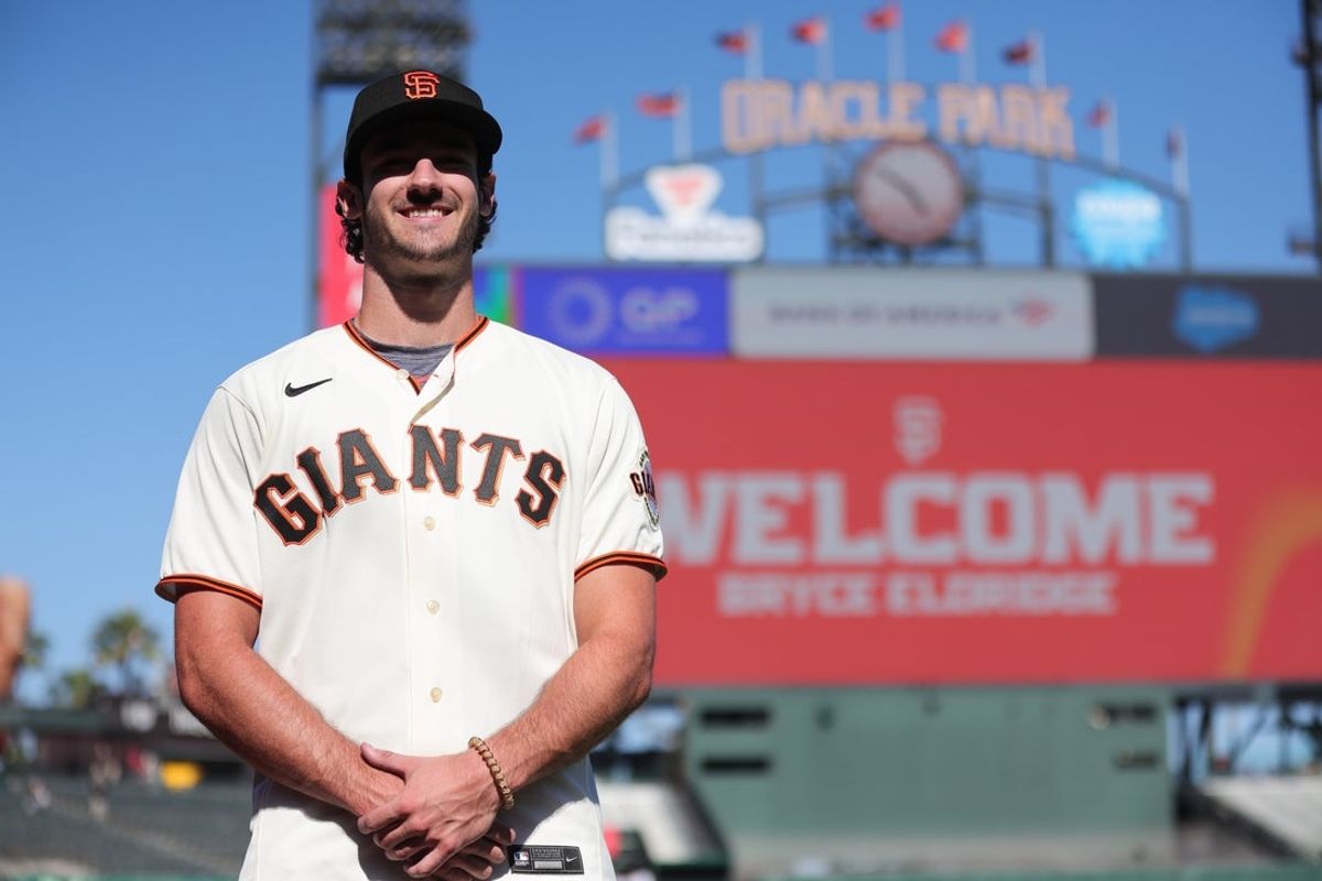 Jul 26, 2023; San Francisco, California, USA; San Francisco Giants 2023 first round draft pick Bryce Eldridge poses for a photo before the game against the Oakland Athletics at Oracle Park. Mandatory Credit: Sergio Estrada-Imagn Images