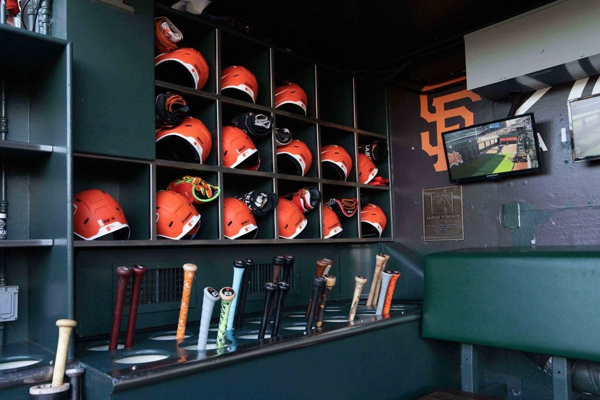 Jul 25, 2023; San Francisco, California, USA;  General view of the San Francisco Giants batting helmets before the start of the first inning against the Oakland Athletics at Oracle Park. Mandatory Credit: Stan Szeto-USA TODAY Sports