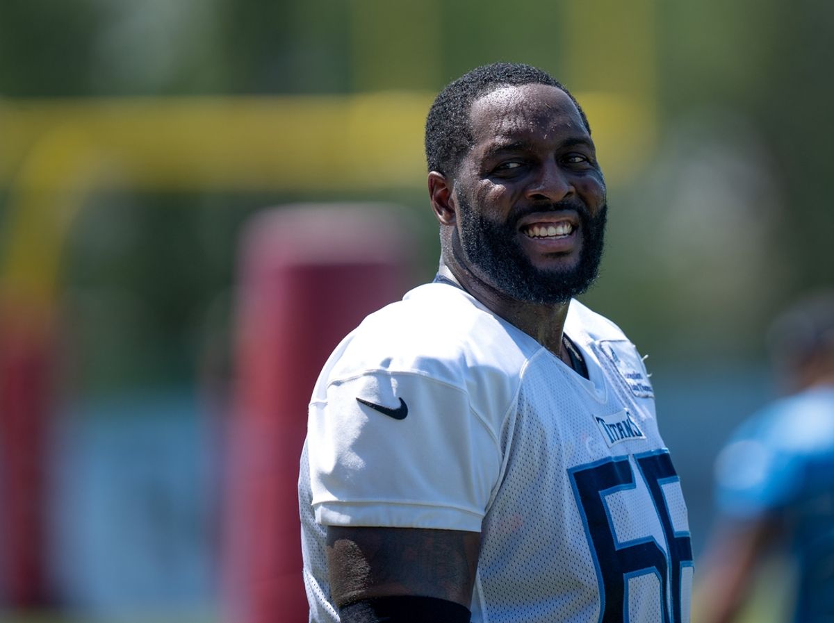 Jul 28, 2023; Nashville, Tennessee, USA; Tennessee Titans offensive lineman Chris Hubbard finishes his first practice of preseason training at Ascension Saint Thomas Sports Park. Mandatory Credit: Denny Simmons/The Tennessean-Imagn Images