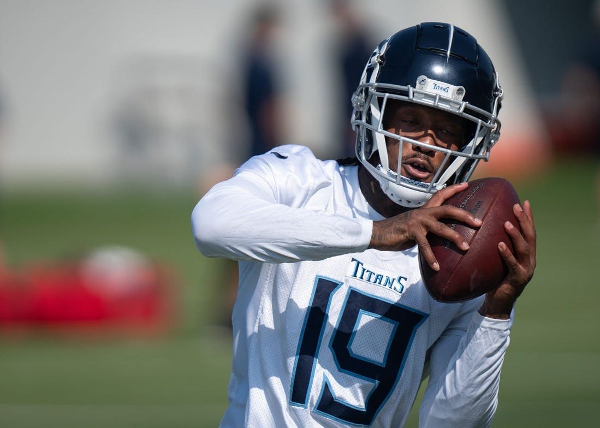 Titans wide receiver Jacob Copeland hauls in a pass during preseason training at Ascension Saint Thomas Sports Park in Nashville, Tenn., Friday morning, July 28, 2023.