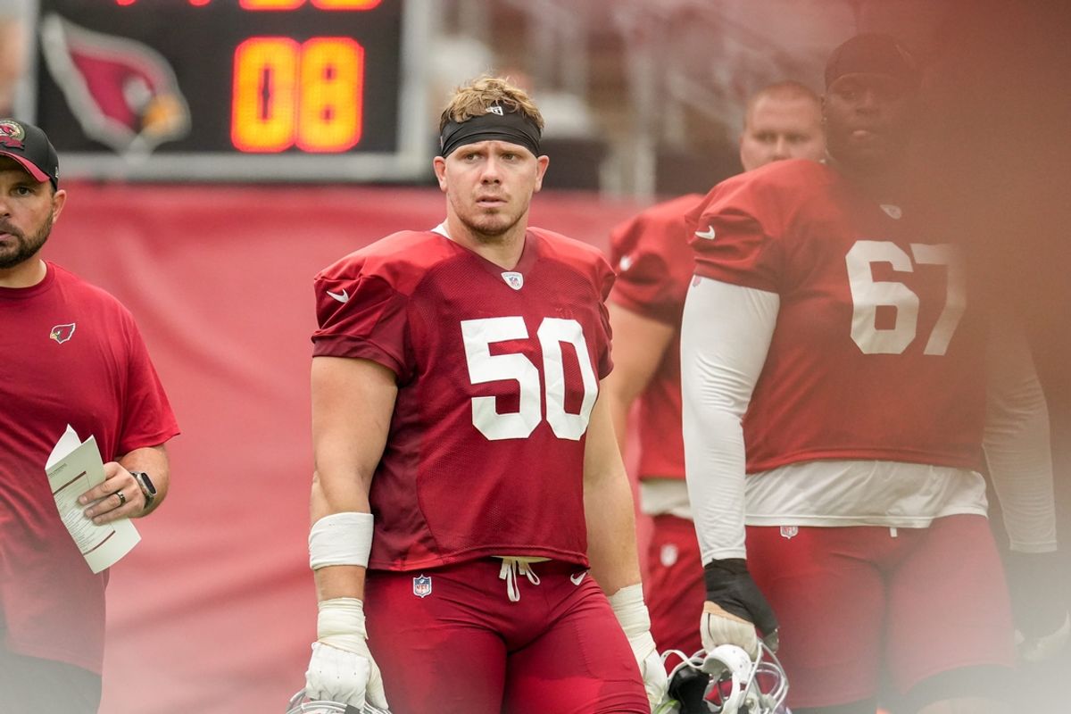 Arizona Cardinals OL Pat Elflein (50) attends the team's training camp at State Farm Stadium in Glendale on July 29, 2023.