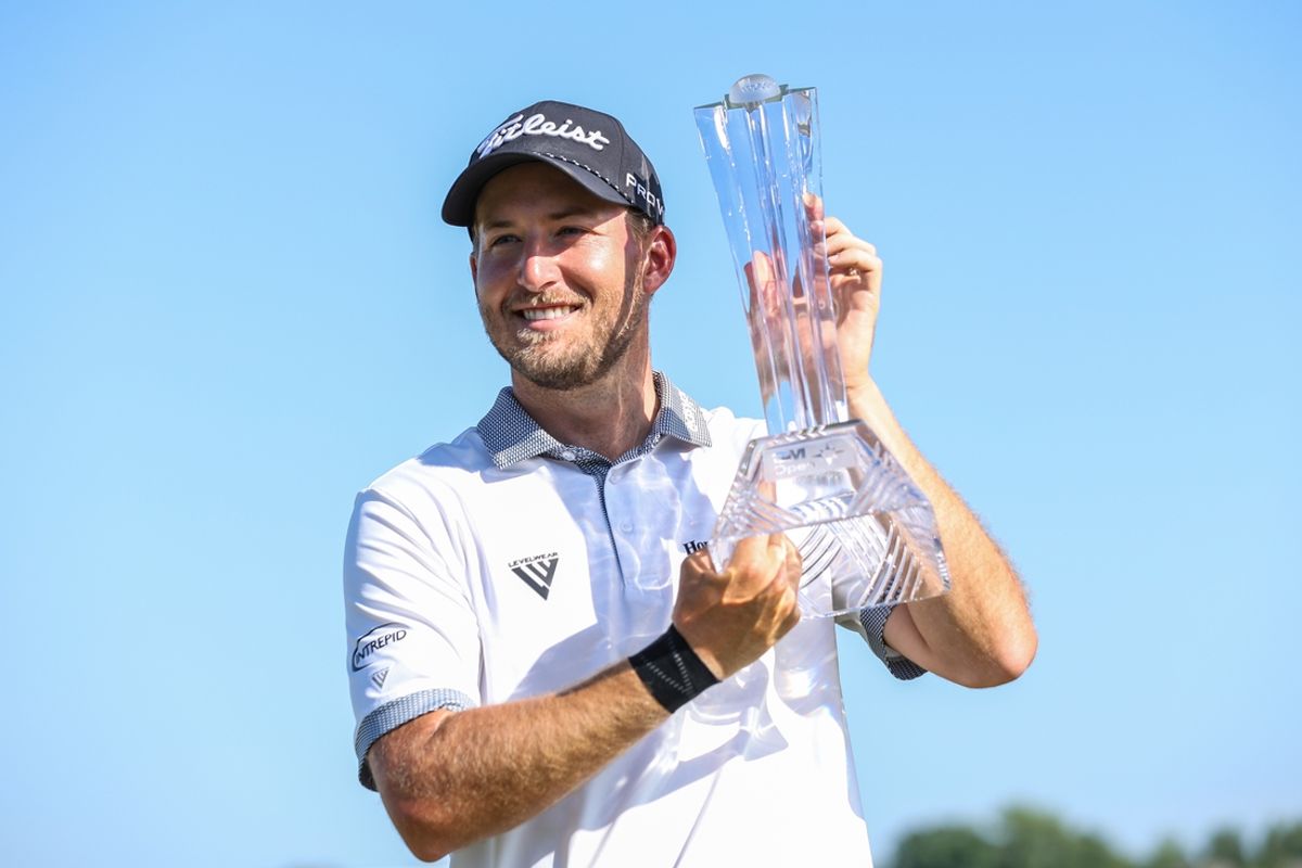 Jul 30, 2023; Blaine, Minnesota, USA; Lee Hodges celebrates the win during the final round of the 3M Open golf tournament. Mandatory Credit: Matt Krohn-USA TODAY Sports