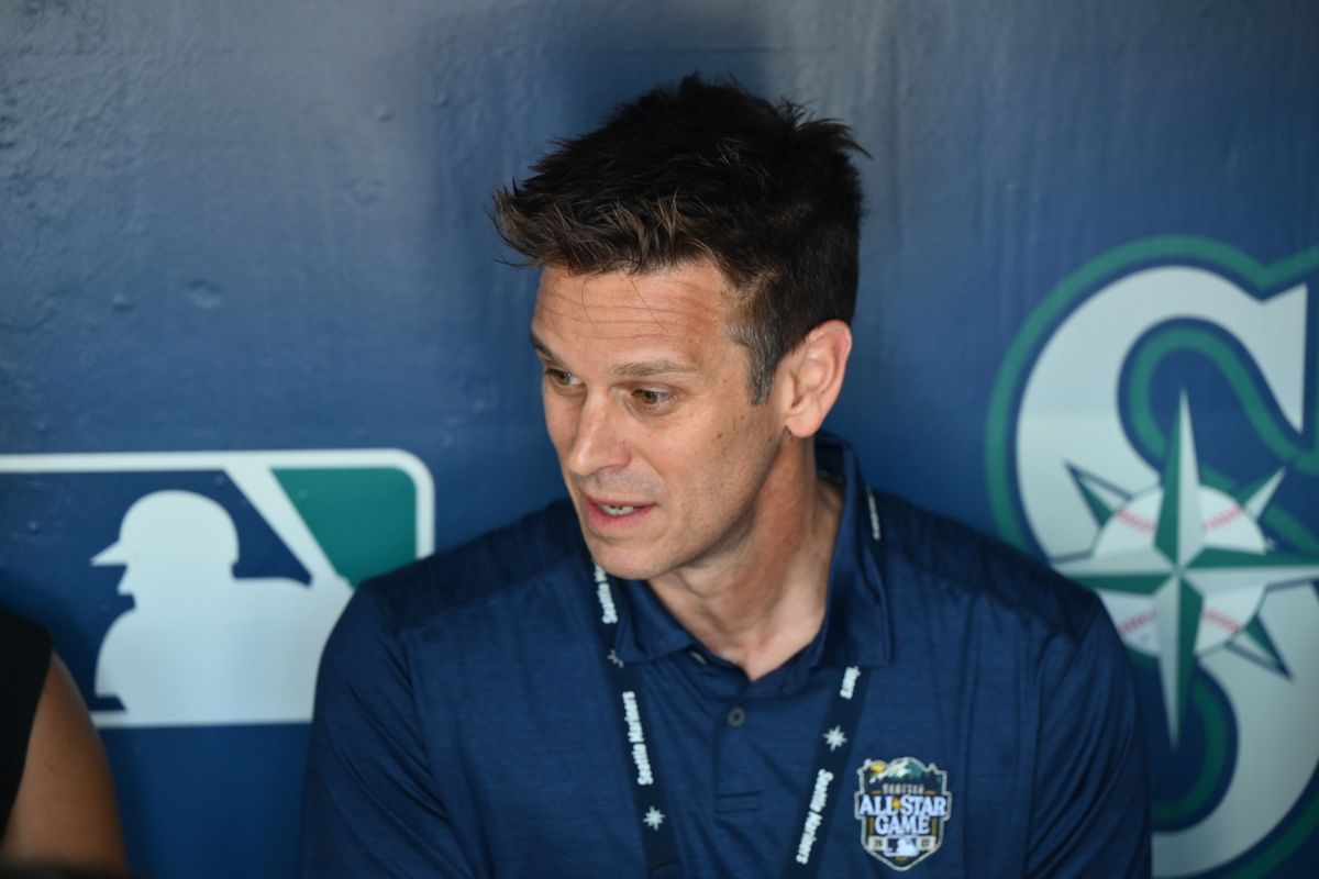 Aug 1, 2023; Seattle, Washington, USA; Seattle Mariners President of Baseball Operations Jerry Dipoto talks with the media prior to the game against the Boston Red Sox at T-Mobile Park. Mandatory Credit: Steven Bisig-Imagn Images