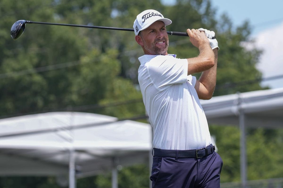 Aug 5, 2023; Greensboro, North Carolina, USA; Webb Simpson plays from the 11th tee during the third round of the Wyndham Championship golf tournament. Mandatory Credit: David Yeazell-USA TODAY Sports