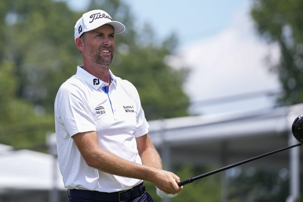 Aug 5, 2023; Greensboro, North Carolina, USA; Webb Simpson watches his shot from the 11th tee during the third round of the Wyndham Championship golf tournament. Mandatory Credit: David Yeazell-USA TODAY Sports