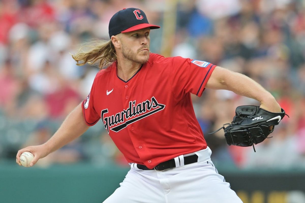 Aug 5, 2023; Cleveland, Ohio, USA; Cleveland Guardians starting pitcher Noah Syndergaard (34) throws a pitch during the first inning against the Chicago White Sox at Progressive Field. Mandatory Credit: Ken Blaze-Imagn Images