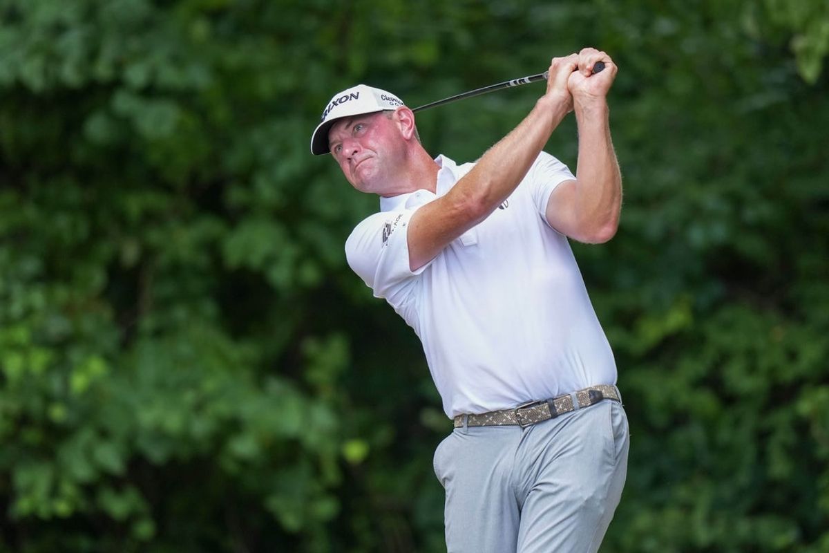 Aug 6, 2023; Greensboro, North Carolina, USA; Lucas Glover plays from the 2nd tee during the final round of the Wyndham Championship golf tournament. Mandatory Credit: David Yeazell-Imagn Images