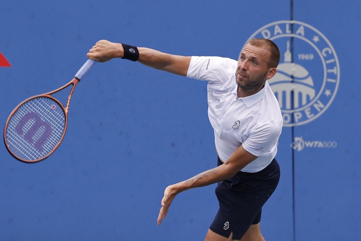 Aug 6, 2023; Washington, D.C., USA; Daniel Evans (GBR) serves against Tallon Griekspoor (NED) (not pictured) in the men's singles final on day nine of the Mubadala Citi DC Open at Fitzgerald Tennis Stadium. Mandatory Credit: Geoff Burke-Imagn Images