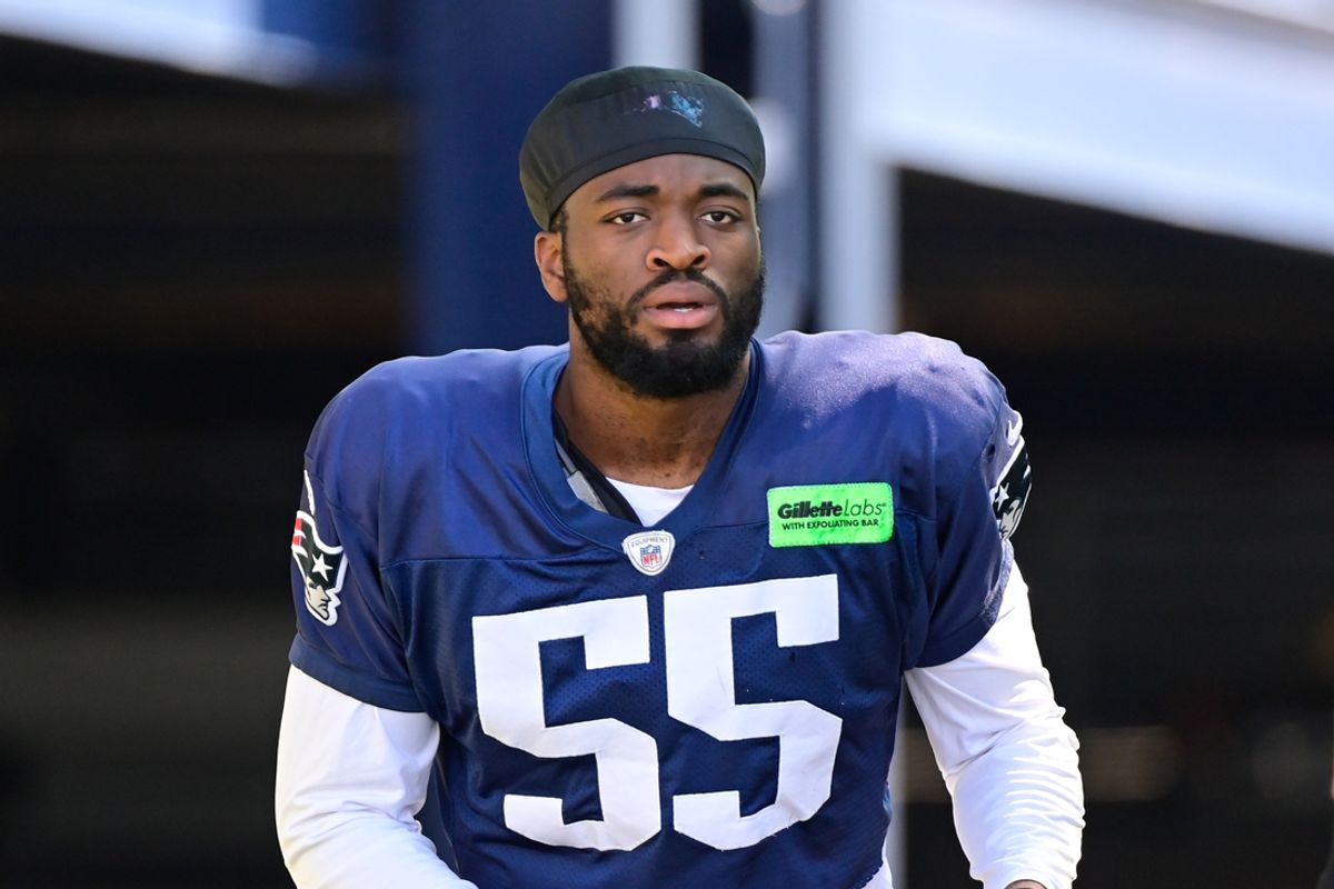 Aug 2, 2023; Foxborough, MA, USA; New England Patriots linebacker Josh Uche (55) heads to the practice fields at Gillette Stadium. Mandatory Credit: Eric Canha-Imagn Images