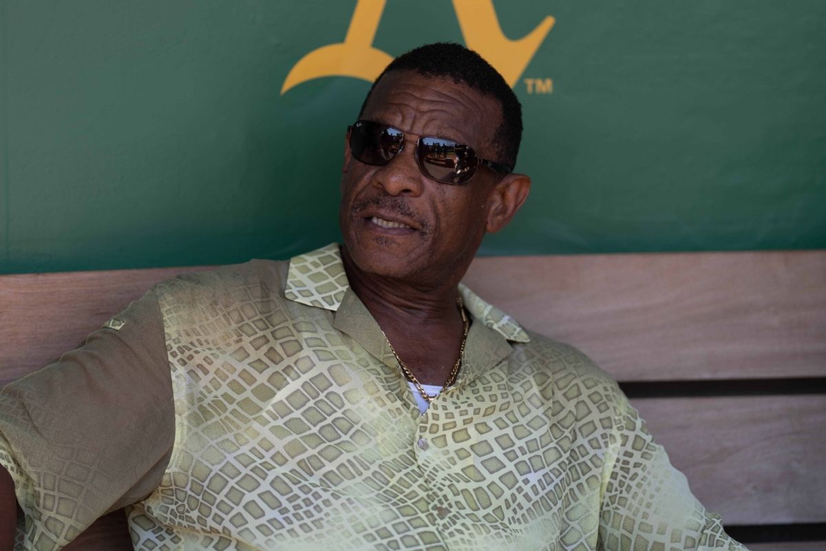 Aug 6, 2023; Oakland, California, USA;  Retired baseball player Rickey Henderson before the induction of players for the Class of 2023 of the Oakland Athletics Hall of Fame.  The ceremony was held before the start of the game between the Oakland Athletics and the San Francisco Giants at Oakland-Alameda County Coliseum. Mandatory Credit: Stan Szeto-Imagn Images