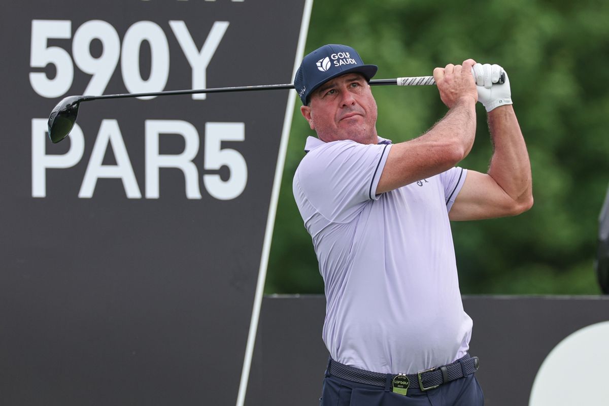 Aug 10, 2023; Bedminster, New Jersey, USA; Pat Perez plays his shot from the eighth tee during the ProAm round of the LIV Golf Bedminster golf tournament at Trump National Bedminster. Mandatory Credit: Vincent Carchietta-Imagn Images