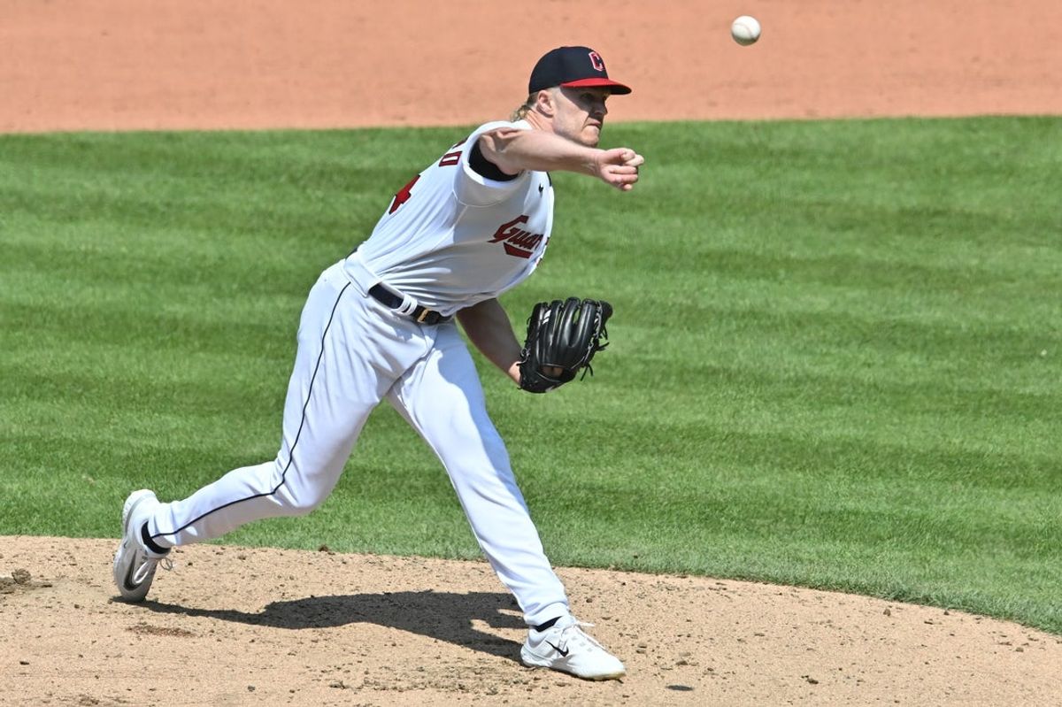 Aug 10, 2023; Cleveland, Ohio, USA; Cleveland Guardians starting pitcher Noah Syndergaard (34) throws a pitch during the sixth inning against the Toronto Blue Jays at Progressive Field. Mandatory Credit: Ken Blaze-Imagn Images