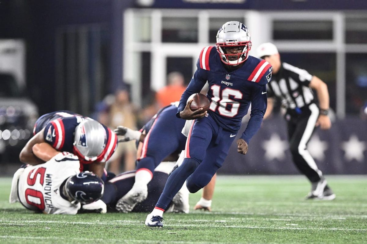 Aug 10, 2023; Foxborough, Massachusetts, USA; New England Patriots quarterback Malik Cunningham (16) runs with the ball against the Houston Texans during the second half at Gillette Stadium. Mandatory Credit: Brian Fluharty-USA TODAY Sports