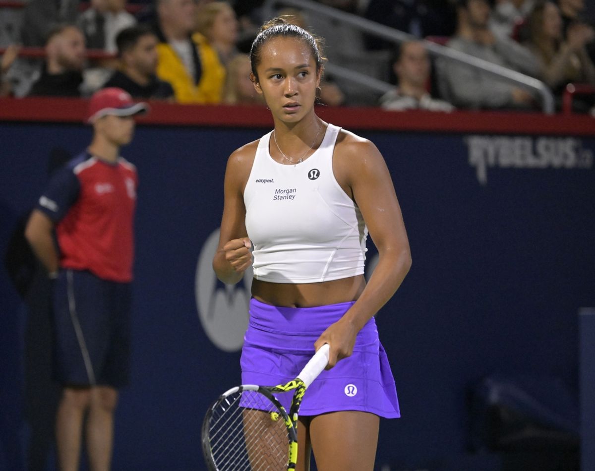Aug 10, 2023; Montreal, Quebec, Canada; Leylah Fernandez (CAN) reacts after winning a point against Danielle Collins (USA) (not pictured) during third round play at IGA Stadium. Mandatory Credit: Eric Bolte-Imagn Images