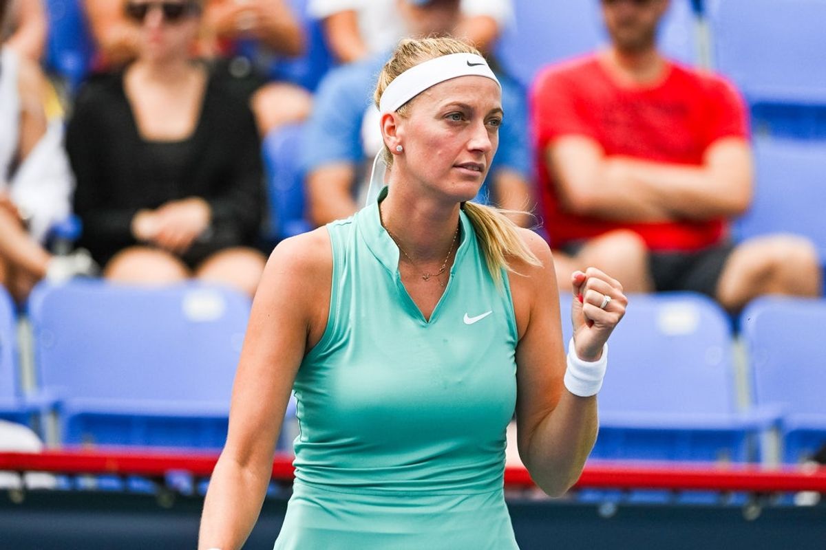 Aug 11, 2023; Montreal, Quebec, Canada; Petra Kvitova (CZE) reacts after scoring a point against Belinda Bencic (SUI) (not pictured) during third round play at IGA Stadium. Mandatory Credit: David Kirouac-Imagn Images