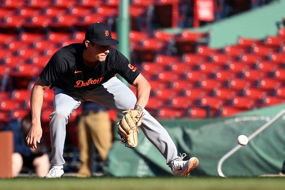 Aug 11, 2023; Boston, Massachusetts, USA; Detroit Tigers third baseman Nick Maton (9) warms up before a game against the Boston Red Sox at Fenway Park. Mandatory Credit: Eric Canha-USA TODAY Sports