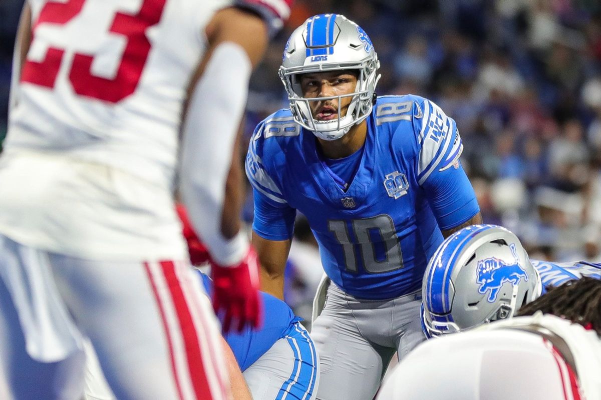 Detroit Lions quarterback Adrian Martinez (18) gets ready for a snap against New York Giants during the second half of a preseason game at Ford Field in Detroit on Friday, Aug. 11, 2023.