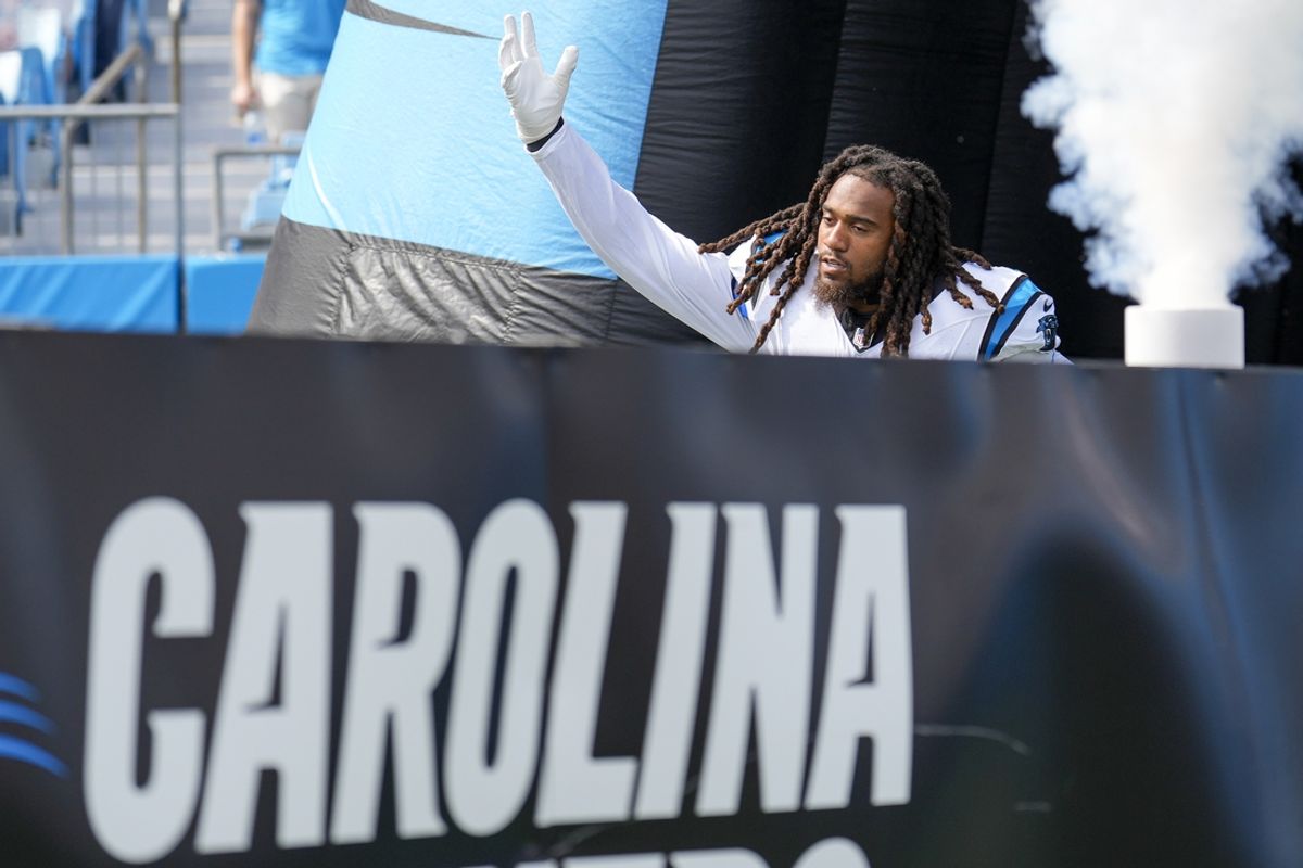 Aug 12, 2023; Charlotte, North Carolina, USA; Carolina Panthers linebacker Shaq Thompson (7) takes the field during the first quarter against the New York Jets at Bank of America Stadium. Mandatory Credit: Jim Dedmon-Imagn Images