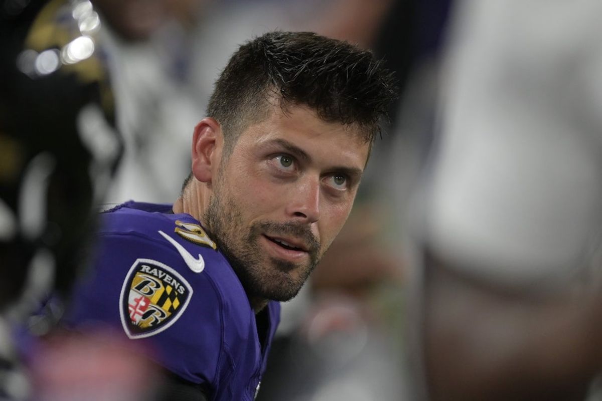 Aug 12, 2023; Baltimore, Maryland, USA;  Baltimore Ravens place kicker Justin Tucker (9) sits on the bench during the second half against the Philadelphia Eagles at M&T Bank Stadium. Mandatory Credit: Tommy Gilligan-Imagn Images