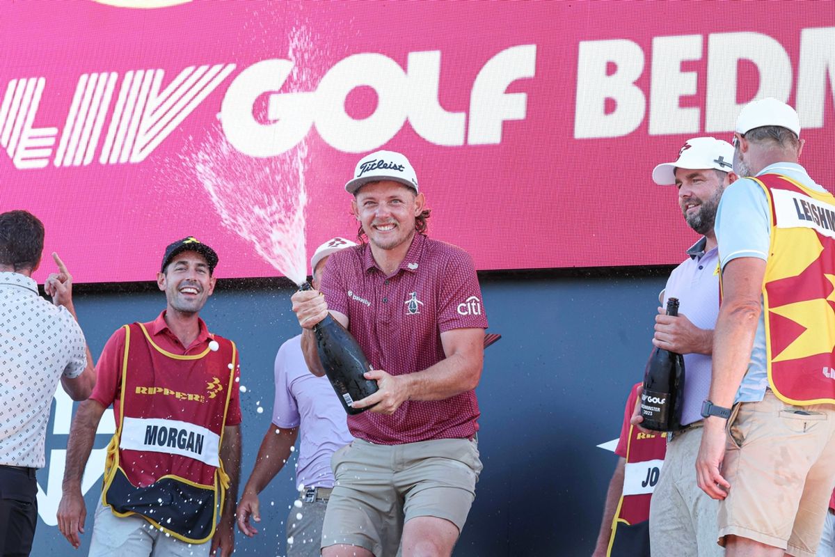 Aug 13, 2023; Bedminster, New Jersey, USA; Ripper GC lead by champion Cameron Smith celebrate their team victory after the final round of the LIV Golf Bedminster golf tournament at Trump National Bedminster. Mandatory Credit: Vincent Carchietta-Imagn Images