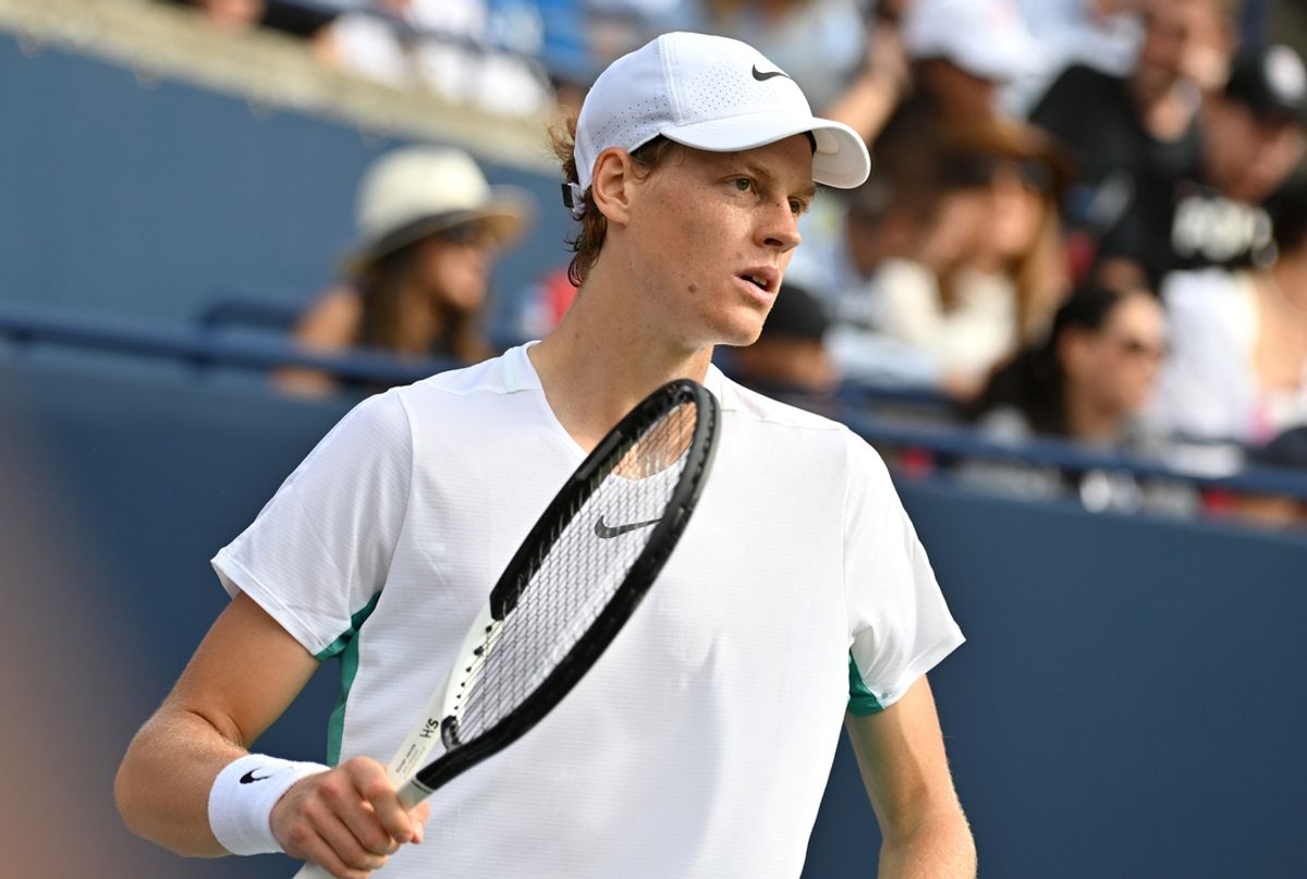 Aug 13, 2023; Toronto, Ontario, Canada; Jannik Sinner ITA) prepares to return to the court after a break in play against Alex De Minaur (AUS) (not pictured) at Sobeys Stadium. Mandatory Credit: Dan Hamilton-USA TODAY Sports