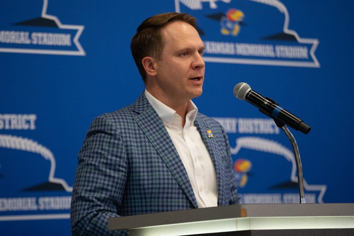 Kansas director of athletics Travis Goff speaks on the vision of the Kansas Gateway District during Tuesday's unveil event.