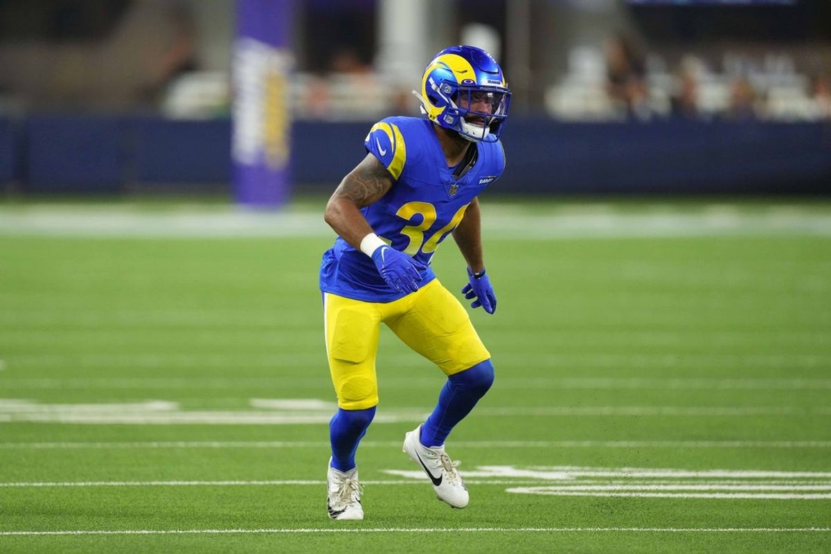 Aug 12, 2023; Inglewood, California, USA; Los Angeles Rams safety Tanner Ingle (34) against the Los Angeles Chargers at SoFi Stadium. Mandatory Credit: Kirby Lee-Imagn Images