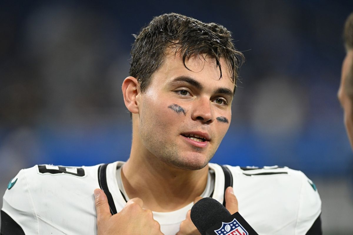 Aug 19, 2023; Detroit, Michigan, USA; Jacksonville Jaguars quarterback Nathan Rourke (18) gives a post-game interview after their game against the Detroit Lions at Ford Field. Mandatory Credit: Lon Horwedel-Imagn Images