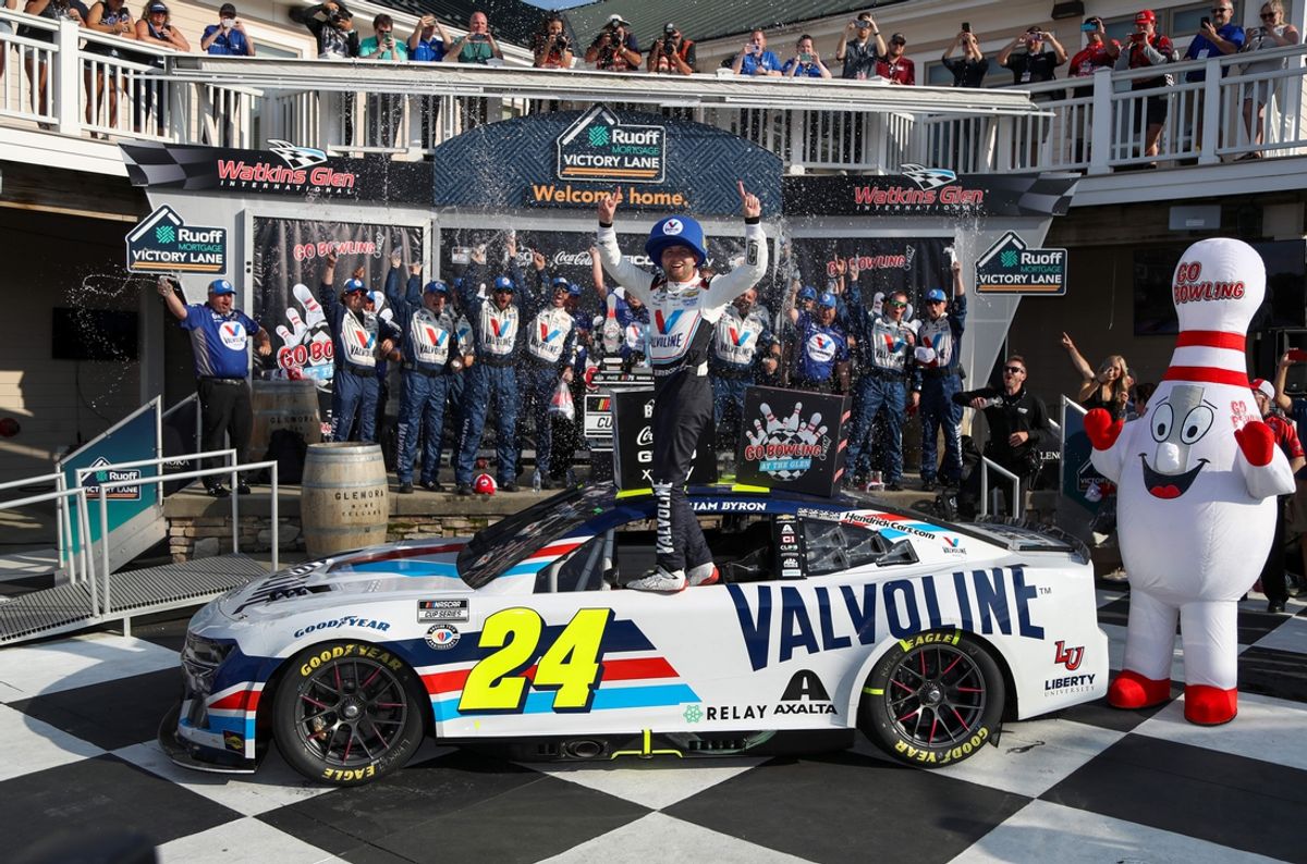 Aug 20, 2023; Watkins Glen, New York, USA; NASCAR Cup Series driver William Byron celebrates in victory lane after winning the Go Bowling at The Glen at Watkins Glen International. Mandatory Credit: Matthew O'Haren-Imagn Images