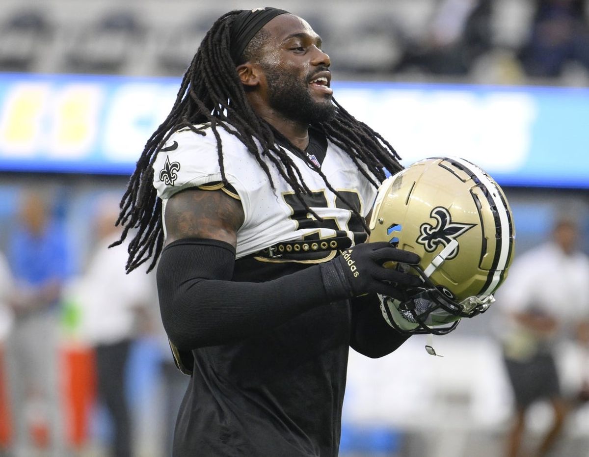 Aug 20, 2023; Inglewood, California, USA; New Orleans Saints linebacker Jaylon Smith (59) during pregame warmups against the Los Angeles Chargers at SoFi Stadium. Mandatory Credit: Robert Hanashiro-Imagn Images
