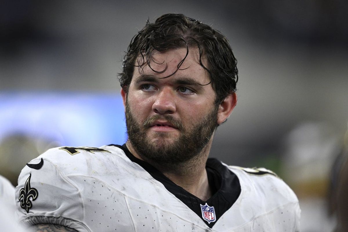 Aug 20, 2023; Inglewood, California, USA; New Orleans Saints offensive tackle Nick Saldiveri (64) looks on against the Los Angeles Chargers during the second half at SoFi Stadium. Mandatory Credit: Orlando Ramirez-Imagn Images