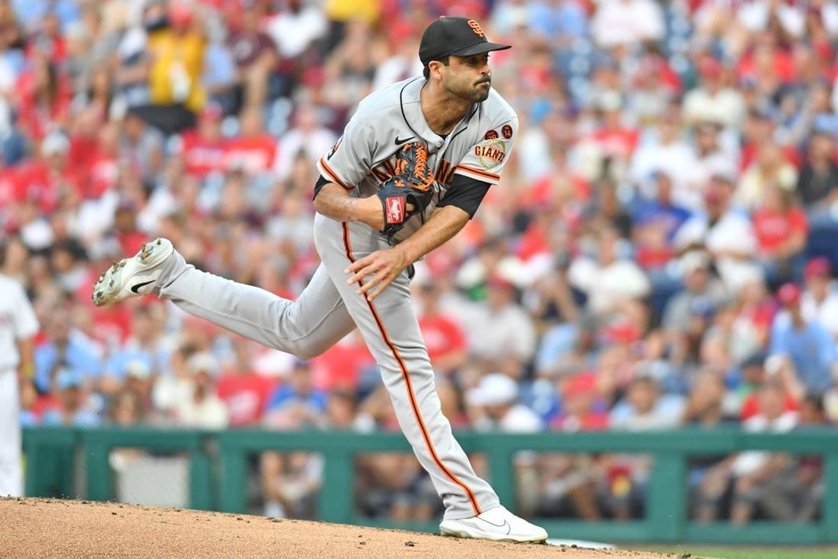 Aug 21, 2023; Philadelphia, Pennsylvania, USA; San Francisco Giants relief pitcher Scott Alexander (54) throws a pitch during the first inning against the Philadelphia Phillies at Citizens Bank Park. Mandatory Credit: Eric Hartline-USA TODAY Sports