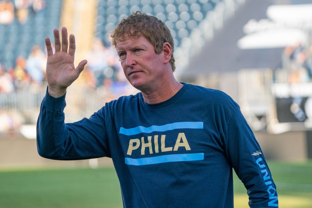 Aug 19, 2023; Chester, PA, USA; Philadelphia Union manager Jim Curtin waves to the crowd as he walks on the field prior to the match against Monterrey at Subaru Park. Mandatory Credit: Gregory Fisher-Imagn Images