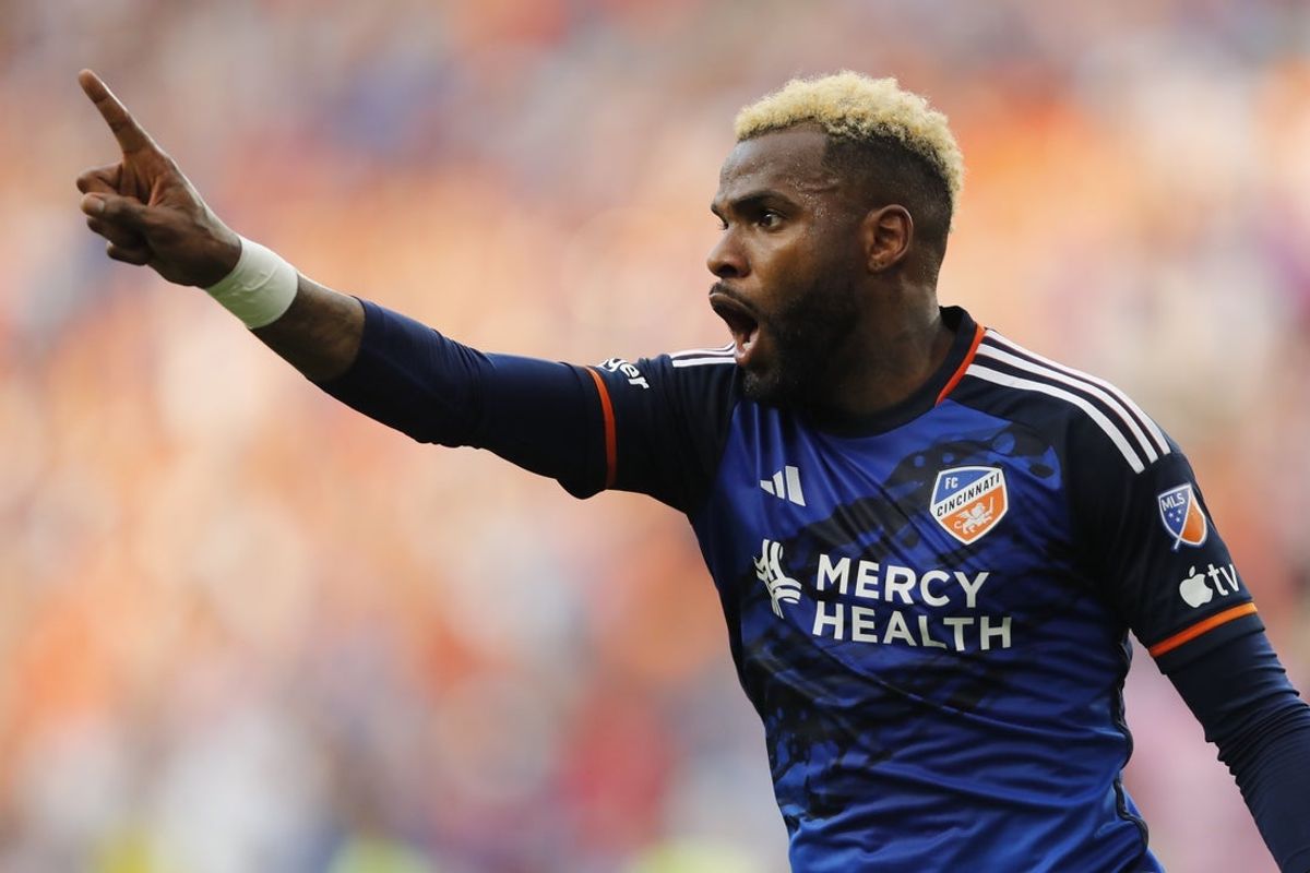 Aug 23, 2023; Cincinnati, OH, USA; FC Cincinnati forward Brenner (9) reacts after being call offside in the first half against the Inter Miami at TQL Stadium. Mandatory Credit: Katie Stratman-Imagn Images