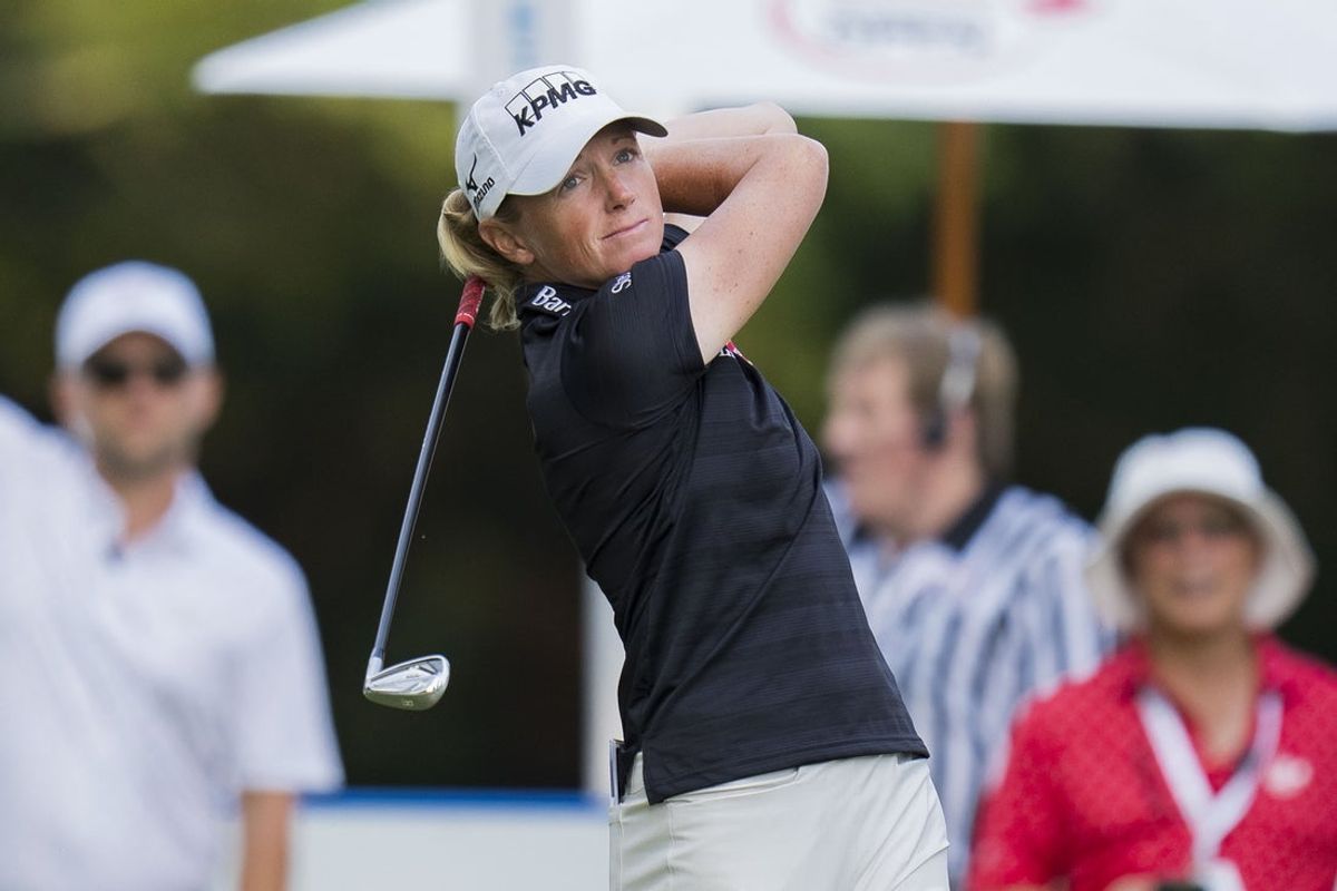Aug 24, 2023; Vancouver, British Columbia, CAN; Stacy Lewis tees off on the seventeenth hole during the first round of the CPKC Women's Open golf tournament at Shaughnessy Golf & Country Club. Mandatory Credit: Bob Frid-Imagn Images