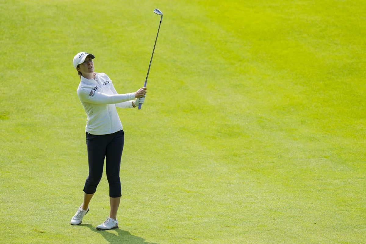 Aug 24, 2023; Vancouver, British Columbia, CAN; Brittany Altomare hits on the eleventh hole during the first round of the CPKC Women's Open golf tournament at Shaughnessy Golf & Country Club. Mandatory Credit: Bob Frid-Imagn Images