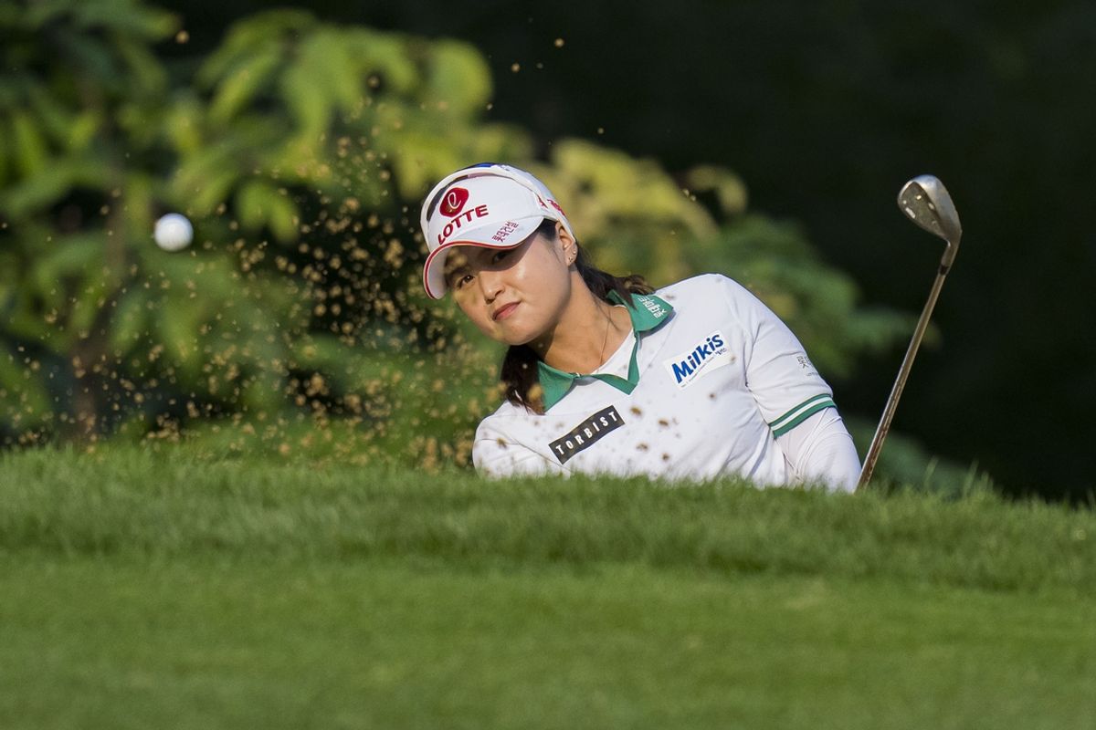 Aug 25, 2023; Vancouver, British Columbia, CAN; Hye-Jin Choi hits out of the bunker on the third green during the second round of the CPKC Women's Open golf tournament at Shaughnessy Golf & Country Club. Mandatory Credit: Bob Frid-USA TODAY Sports