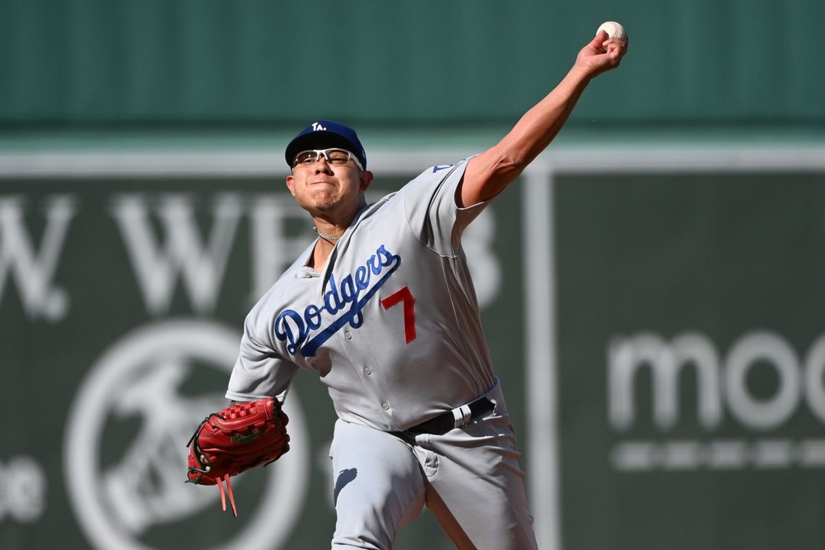 Aug 26, 2023; Boston, Massachusetts, USA; Los Angeles Dodgers starting pitcher Julio Urias (7) pitches during the first inning against the Boston Red Sox at Fenway Park. Mandatory Credit: Bob DeChiara-Imagn Images