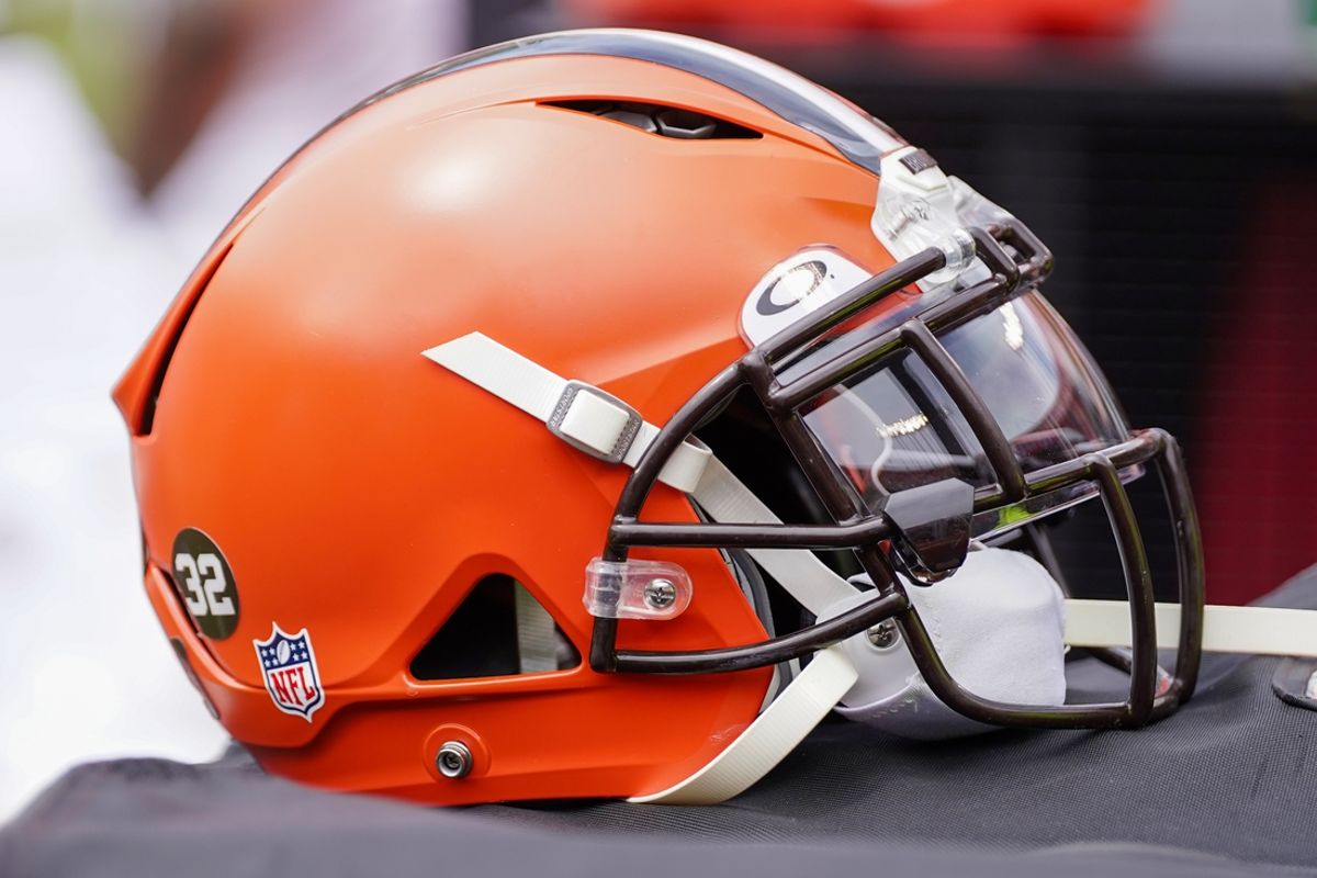 Aug 26, 2023; Kansas City, Missouri, USA; A general view of a Cleveland Browns helmet during the second half against the Kansas City Chiefs at GEHA Field at Arrowhead Stadium. Mandatory Credit: Denny Medley-Imagn Images