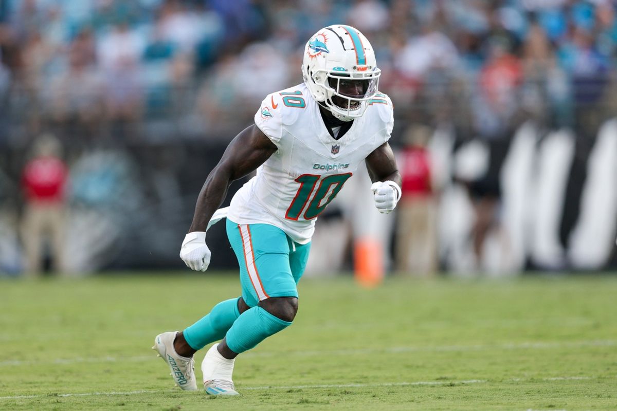 Aug 26, 2023; Jacksonville, Florida, USA;  Miami Dolphins wide receiver Tyreek Hill (10) lines up against the Jacksonville Jaguars in the first quarter at EverBank Stadium. Mandatory Credit: Nathan Ray Seebeck-USA TODAY Sports