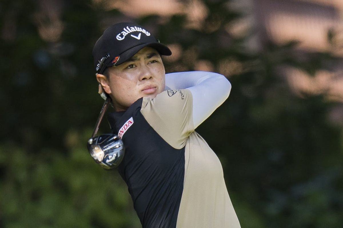 Aug 26, 2023; Vancouver, British Columbia, CAN; Yuka Saso tees off on the fourth hole during the third round of the CPKC Women's Open golf tournament at Shaughnessy Golf & Country Club. Mandatory Credit: Bob Frid-USA TODAY Sports
