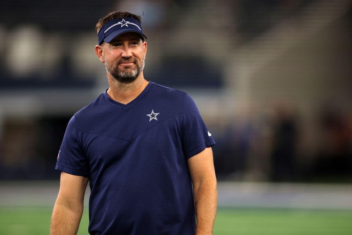 Cowboys offensive coordinator Brian Schottenheimer on the field before the game against the Las Vegas Raiders at AT&T Stadium. Mandatory Credit: Tim Heitman-Imagn Images