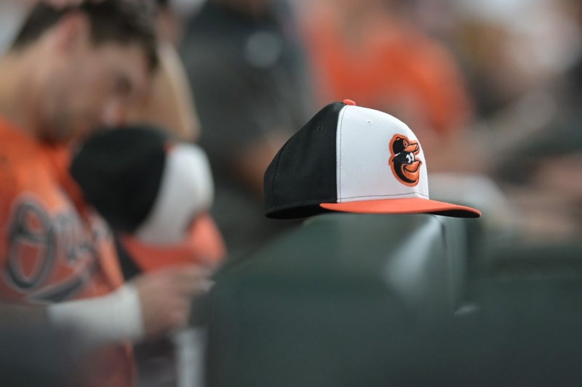 Aug 26, 2023; Baltimore, Maryland, USA;  A detailed view of a Baltimore Orioles hat during the game against the Colorado Rockies at Oriole Park at Camden Yards. Mandatory Credit: Tommy Gilligan-Imagn Images
