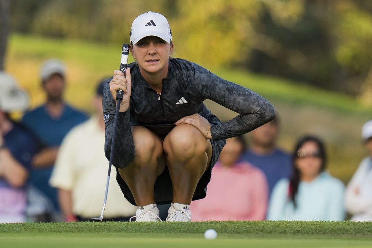 Aug 26, 2023; Vancouver, British Columbia, CAN; Linnea Strom lines up her putt on the seventeenth green during the third round of the CPKC Women's Open golf tournament at Shaughnessy Golf & Country Club. Mandatory Credit: Bob Frid-USA TODAY Sports