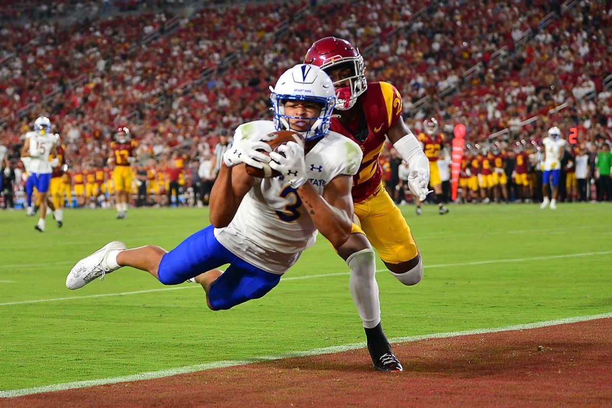 Aug 26, 2023; Los Angeles, California, USA; San Jose State Spartans wide receiver Nick Nash (3) catches a touchdown pass in front of Southern California Trojans cornerback Ceyair Wright (22) during the second half at Los Angeles Memorial Coliseum. Mandatory Credit: Gary A. Vasquez-Imagn Images