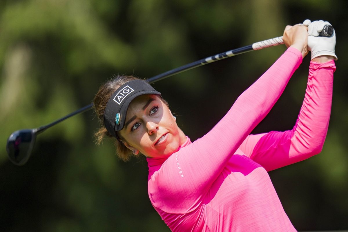 Aug 27, 2023; Vancouver, British Columbia, CAN; Georgia Hall tees off on the fourth hole during the final round of the CPKC Women's Open golf tournament at Shaughnessy Golf & Country Club. Mandatory Credit: Bob Frid-Imagn Images