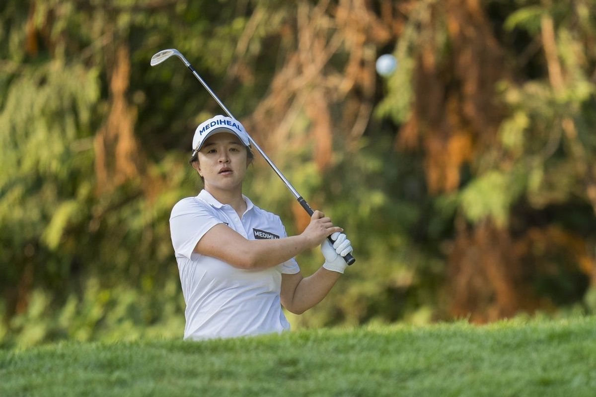 Aug 27, 2023; Vancouver, British Columbia, CAN; Sei Young Kim hits out of bunker on the fifteenth green during the final round of the CPKC Women's Open golf tournament at Shaughnessy Golf & Country Club. Mandatory Credit: Bob Frid-Imagn Images