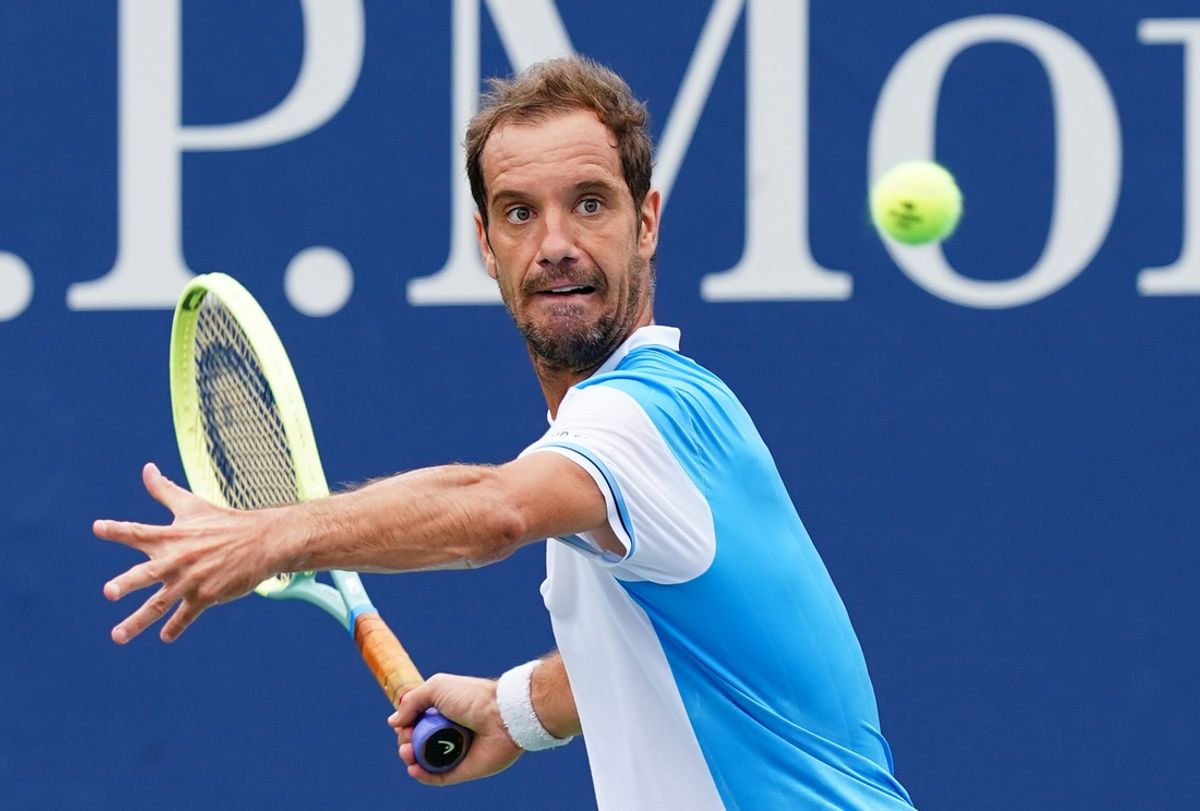 Aug 28, 2023; Flushing, NY, USA;  Richard Gasquet of France hits to Fabian Marozsan of Hungary on day one of the 2023 U.S. Open tennis tournament at the USTA Billie Jean King National Tennis Center. Mandatory Credit: Jerry Lai-Imagn Images
