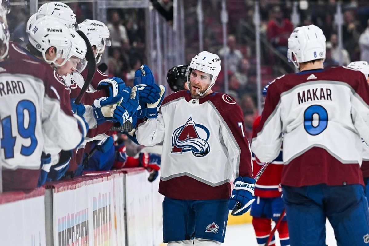 Jan 15, 2024; Montreal, Quebec, CAN; Colorado Avalanche defenseman Devon Toews (7) celebrates his goal against the Montreal Canadiens with his teammates at the bench during the third period at Bell Centre.
