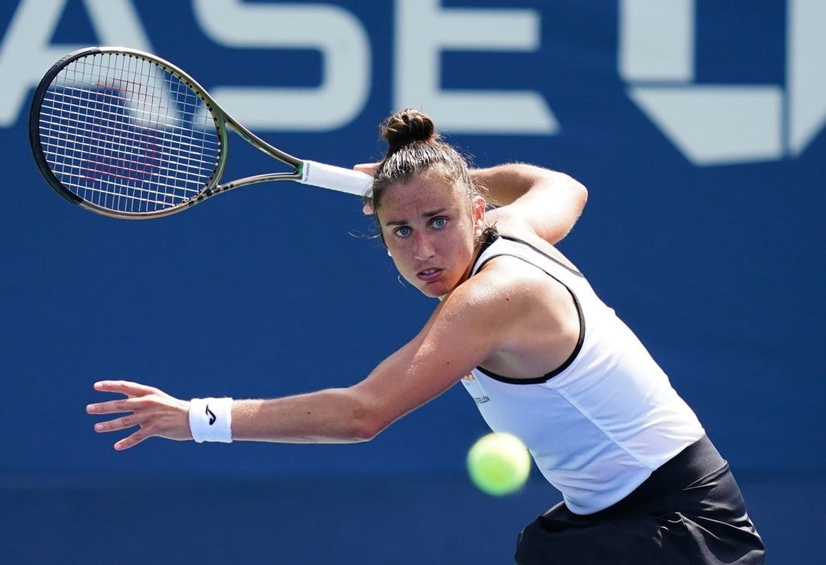 Aug 30, 2023; Flushing, NY, USA;  Sara Sorribes Tormo of Spain hits a shot against Xinyu Wang of China on day three of the 2023 U.S. Open tennis tournament at the USTA Billie Jean King National Tennis Center. Mandatory Credit: Jerry Lai-USA TODAY Sports
